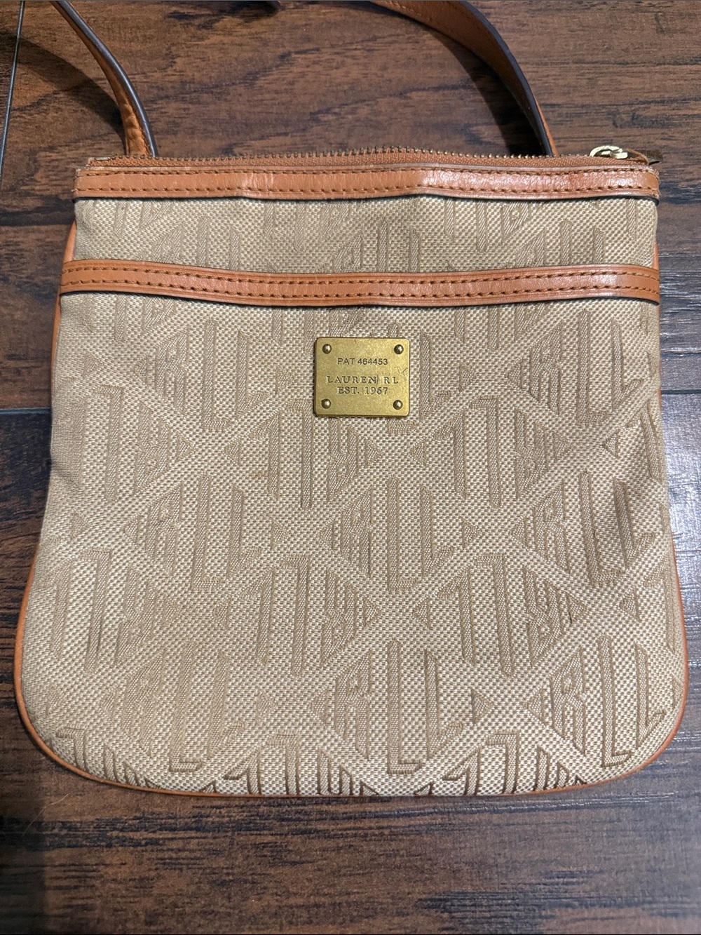 Lauren Ralph Lauren Beige Tan Jacquard Crossbody Bag with Leather Trim